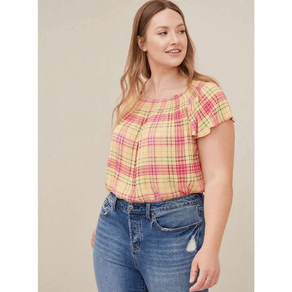 Torrid Plus Size Smocked Crew Neck Blouse Crinkle Gauze Plaid Yellow size 0X - Picture 1 of 9